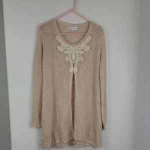 Pretty Angel Cream Floral Lacy Knit Lightweight Long Sleeve Sweater Sz Large